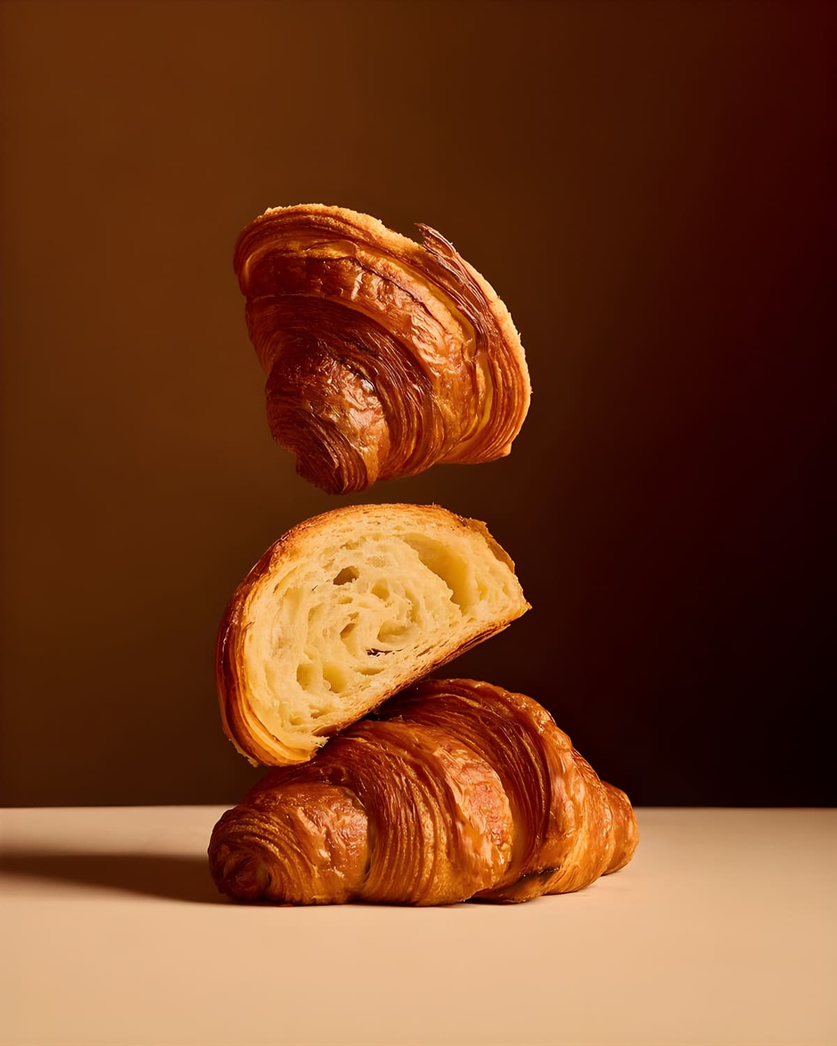 Three BKRY butter croissants stacked, one cut open to show its flaky layers