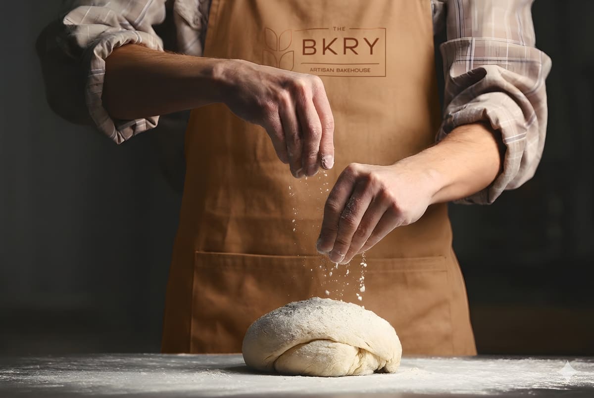 A BKRY baker dusting flour over a resting ball of dough