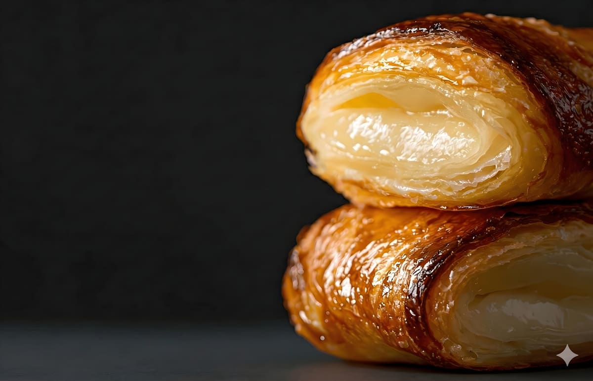 Close-up of glossy, flaky laminated pastry