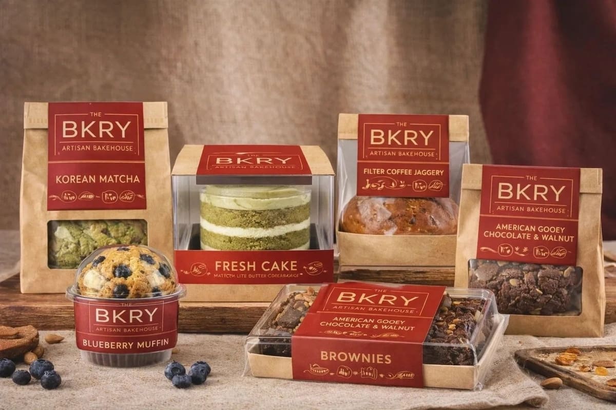 The BKRY range in branded boxes: matcha, fresh cake, brownies, muffins